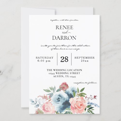 Baby Blue  Blush Pink Floral Wedding Invitation