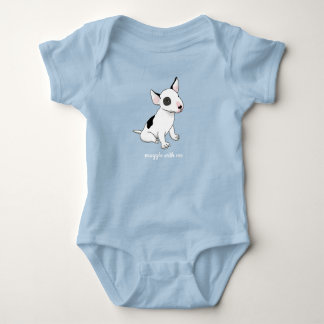 Baby blue body suit with white bull terrier pup baby bodysuit