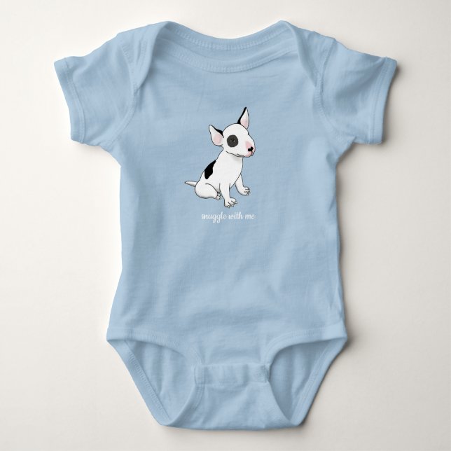 Baby blue body suit with white bull terrier pup baby bodysuit (Front)