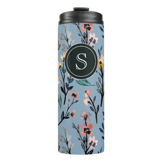 Baby Blue Bohemian Watercolor Floral Custom Thermal Tumbler (Front)