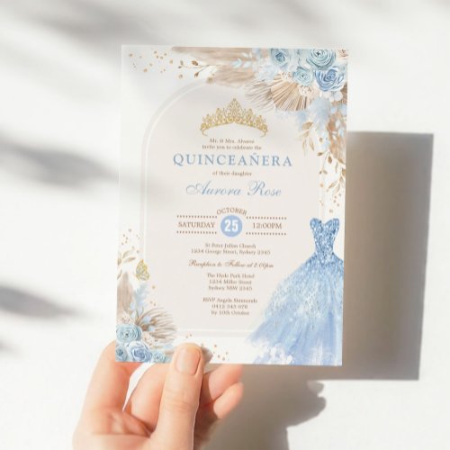 Baby Blue Boho Floral Quinceaera 15th Birthday In Invitation