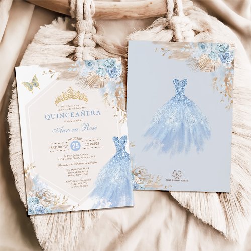 Baby Blue Boho Floral Quinceaera 15th Birthday Invitation