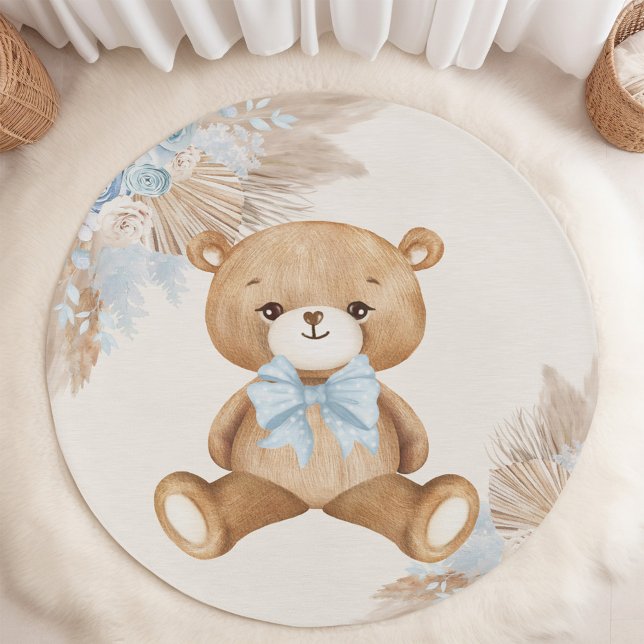 Baby Blue Boho Teddy Bear Pampas Floral Nursery Rug (Creator Uploaded)