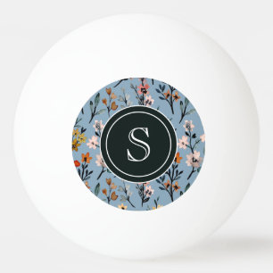 Baby Blue Boho Watercolor Floral Monogrammed Ping Pong Ball
