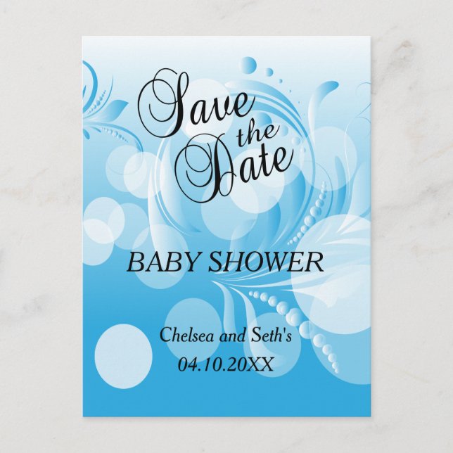 Baby Blue Bokeh Florid | Baby Boy Shower Announcement Postcard (Front)