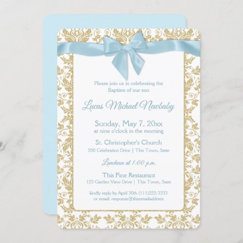 Baby Blue Bow and Gold Damask Baptism Invitation