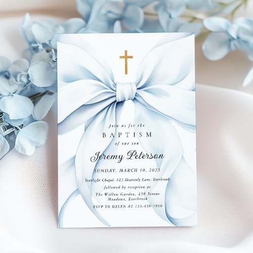 Baby Blue Bow Baptism Invitation