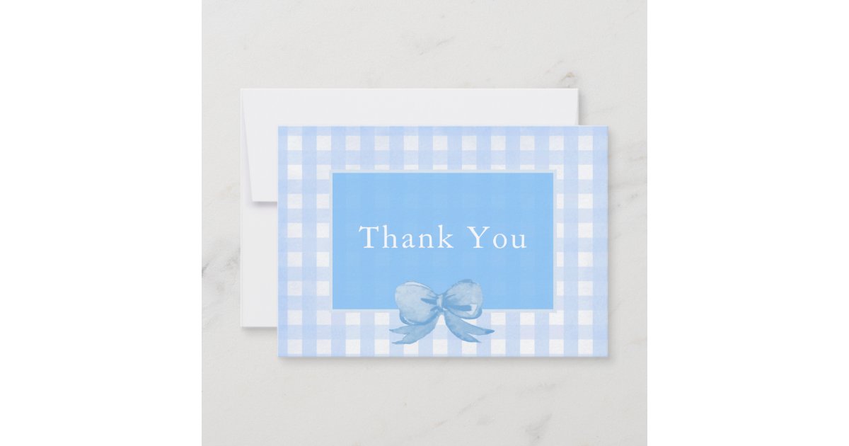 Baby Blue Bow Gingham Thank You Card Zazzle