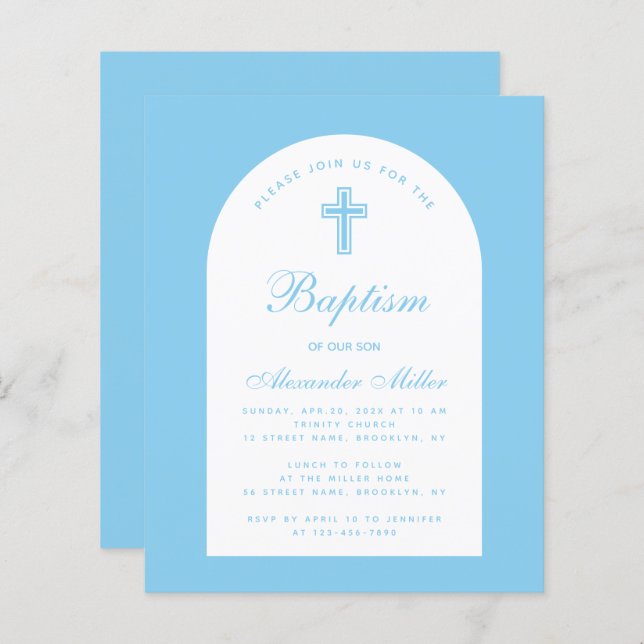 Baby Blue Boy Baptism Arch Budget  Invitation  (Front/Back)