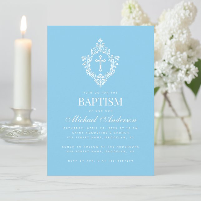 Baby Blue Boy Baptism Cross Crest Elegant Vintage Invitation (Creator Uploaded)