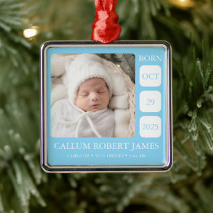 Baby Blue Boy Birth Stats Metal Photo Ornament
