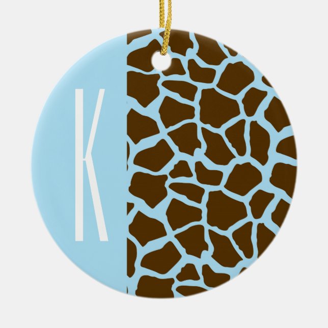 Baby Blue & Brown Giraffe Animal Print Ceramic Ornament (Front)