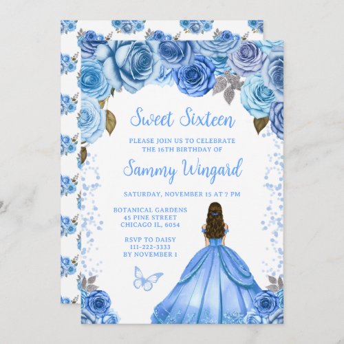 Baby Blue Brown Hair Princess Sweet Sixteen Invitation