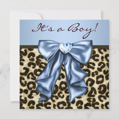Baby Blue Brown Leopard Baby Boy Shower Custom Invitations