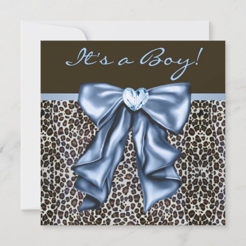 Baby Blue Brown Leopard Baby Boy Shower Invitation