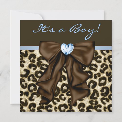 Baby Blue Brown Leopard Baby Boy Shower Invitation