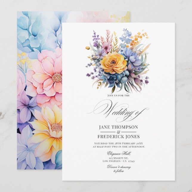 Baby Blue, Buttercream Yellow, Pastel Pink Wedding Invitation (Front/Back)