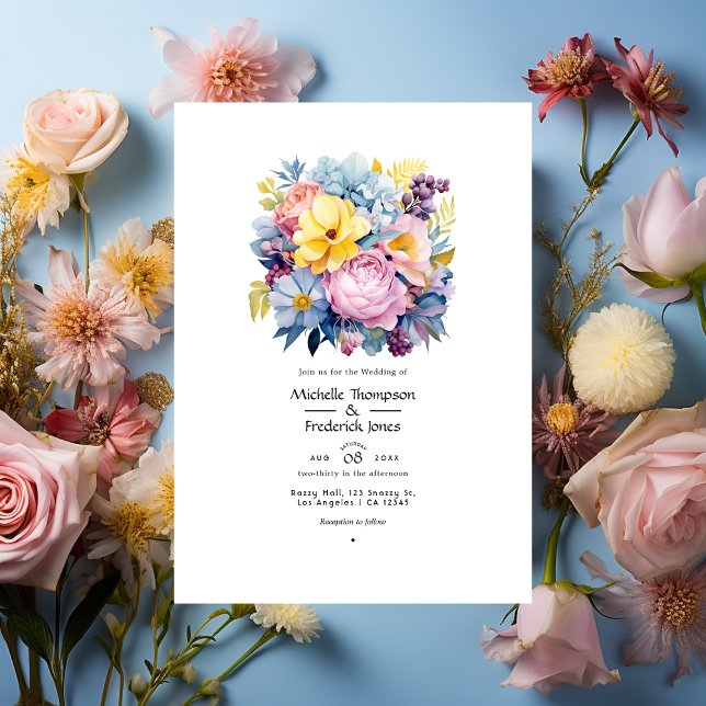 Baby Blue, Buttercream Yellow, Pastel Pink Wedding Invitation (Creator Uploaded)