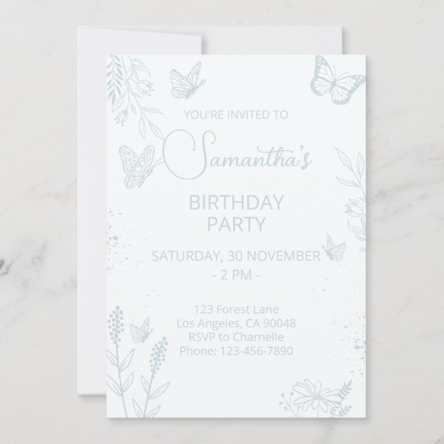 Baby Blue Butterfly Birthday Invitation (Front)
