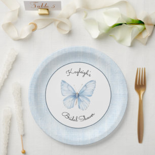 Baby Blue Butterfly Faux Linen Bridal Shower Paper Plates