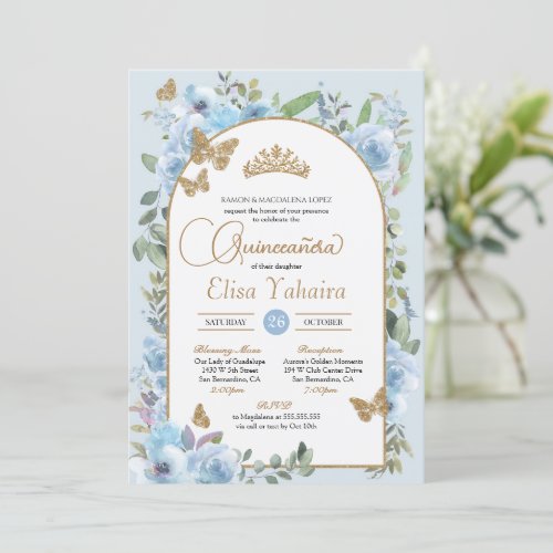 Baby Blue Butterfly Watercolor Floral Quinceaera Invitation