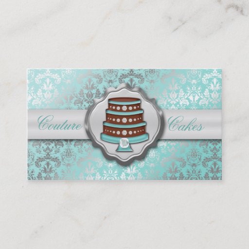 Customizable Baby Blue Cake Couture Glitzy Damask Cake Bakery Business Card Template