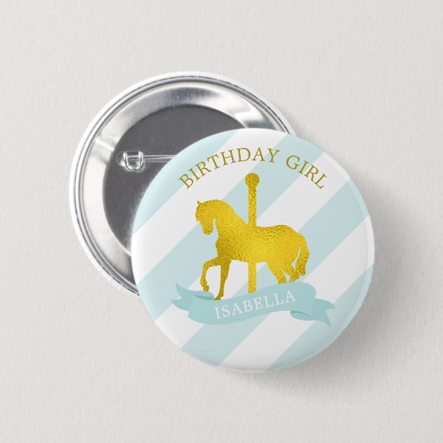Baby Blue Carousel Horse "Birthday Girl" Button (Front & Back)