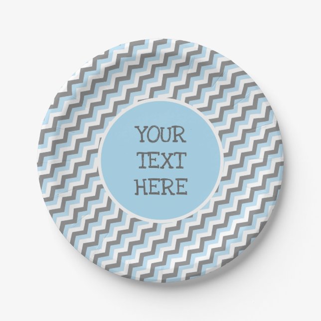 Baby Blue Chevron and Grey Custom Text Paper Plates (Front)
