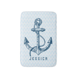 Baby Blue Chevron With Nautical Boat Anchor Bath Mat