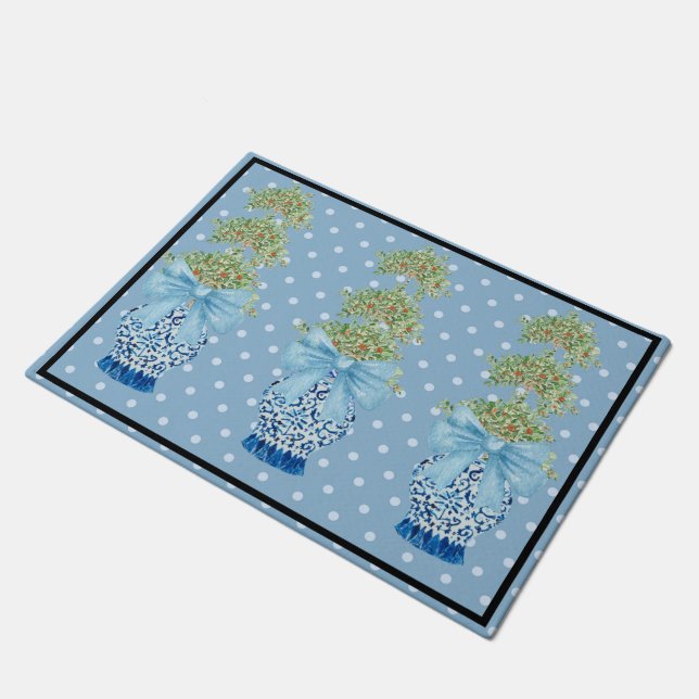 Baby Blue Chinoiserie Orange Topiary Doormat (Angled)