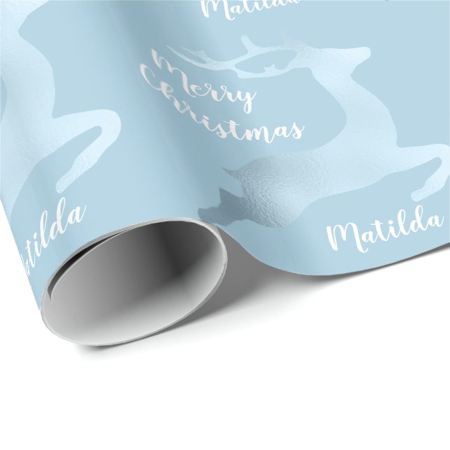 Baby Blue Christmas reindeer pattern personalized Wrapping Paper (Roll Corner)