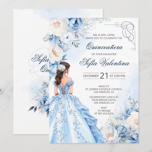 Baby Blue Cinderella Quinceañera Invitation (Front/Back)