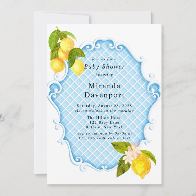 Baby Blue Citrus Lemon Baby Shower Invitation (Front)
