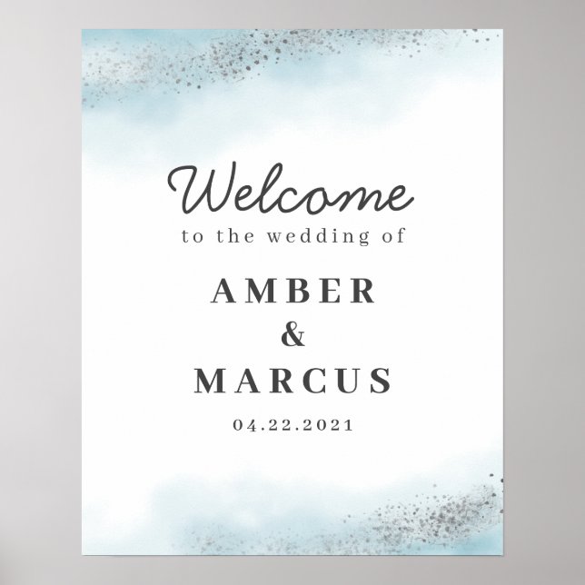 Baby Blue Cloud Silver Wedding Welcome Sign (Front)