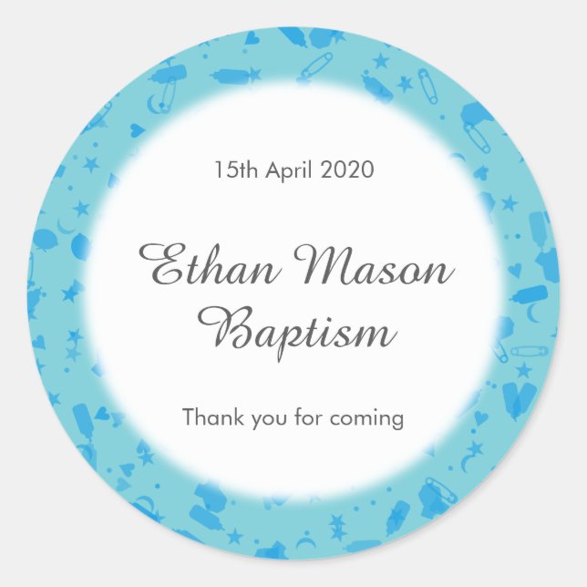 Baby Blue Confetti Baptism Christening Favor Classic Round Sticker (Front)