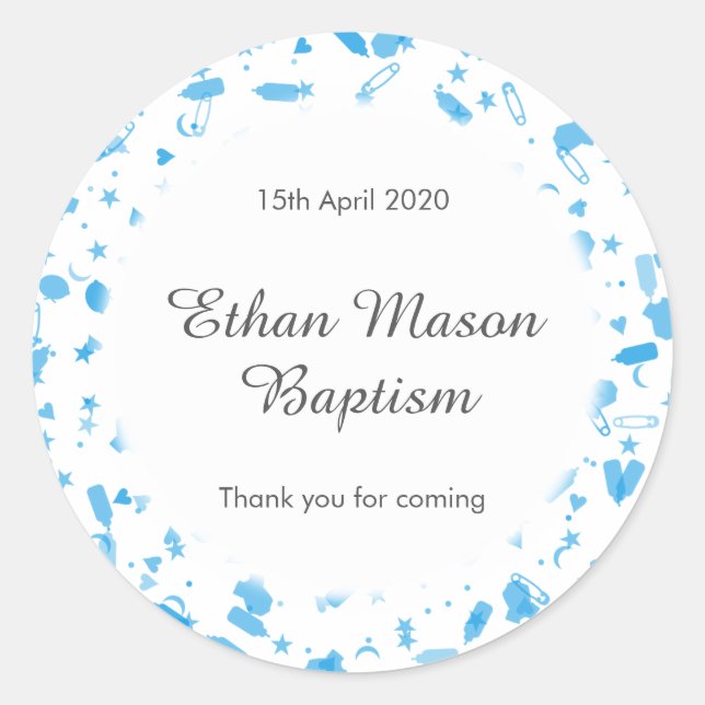 Baby Blue Confetti Baptism Christening Favor Classic Round Sticker (Front)