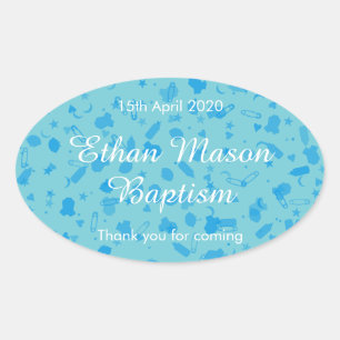Baby Blue Confetti Baptism Christening Favor Oval Sticker