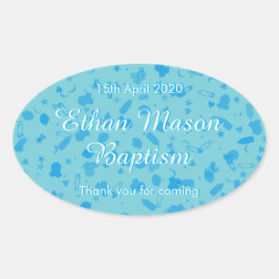 Baby Blue Confetti Baptism Christening Favor Oval Sticker
