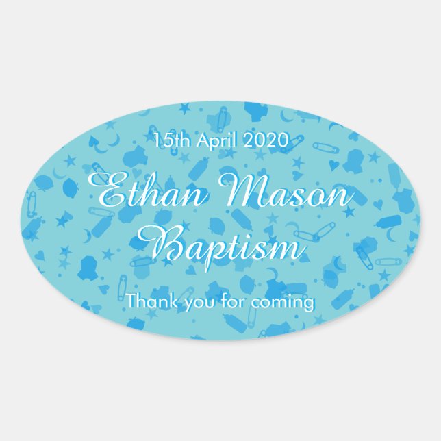 Baby Blue Confetti Baptism Christening Favor Oval Sticker (Front)