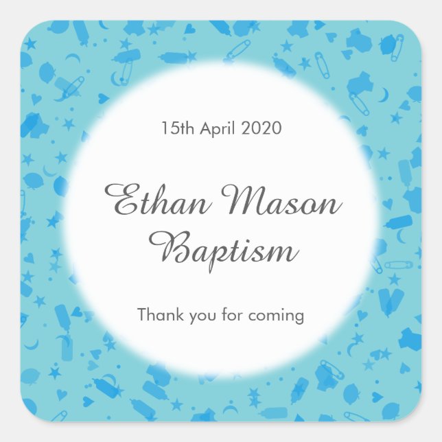 Baby Blue Confetti Baptism Christening Favor Square Sticker (Front)