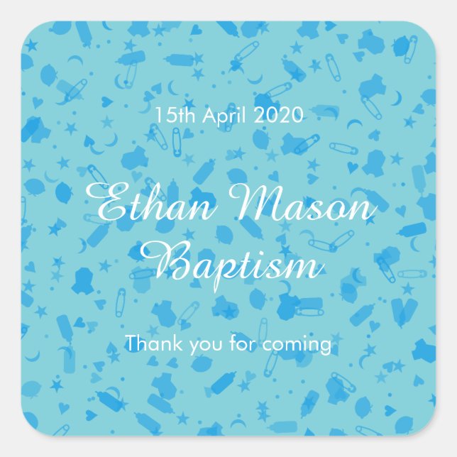 Baby Blue Confetti Baptism Christening Favor Square Sticker (Front)