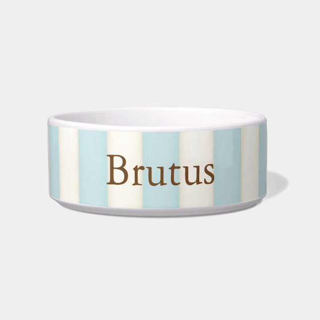 Baby Blue & Cream Stripes Personalized Cat or Dog Bowl (Front)