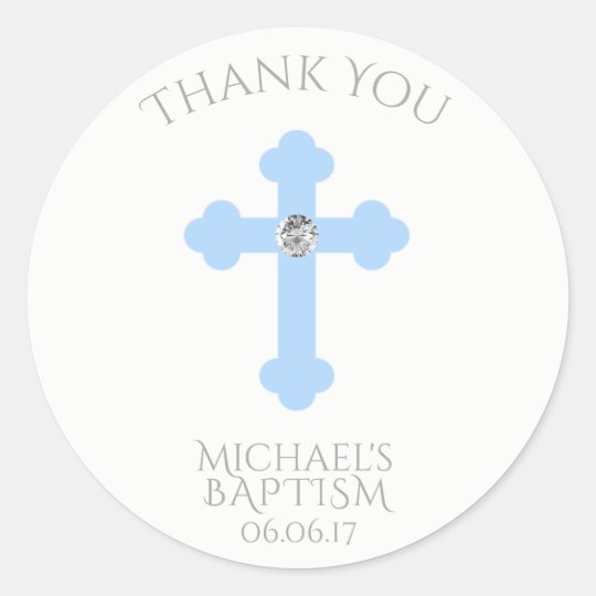 Baby Blue Cross Baptism Christening Boy Thank You Classic Round