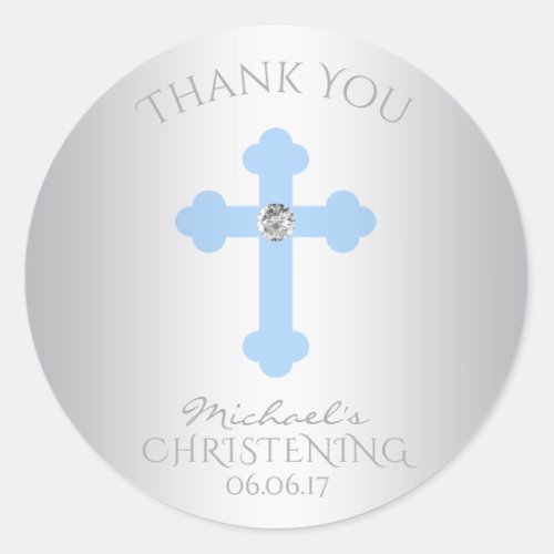 Baby Blue Cross BaptismChristening Boy Thank You Classic Round Sticker