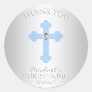 Baby Blue Cross Baptism/Christening Boy Thank You Classic Round Sticker