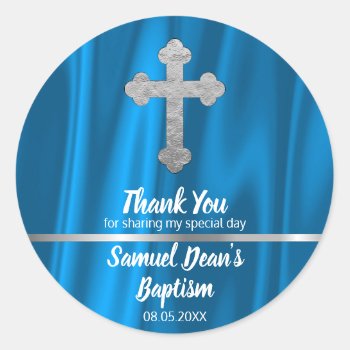 Baby Blue Cross Baptism Favor | Boy Thank You Classic Round Sticker by angela65 at Zazzle