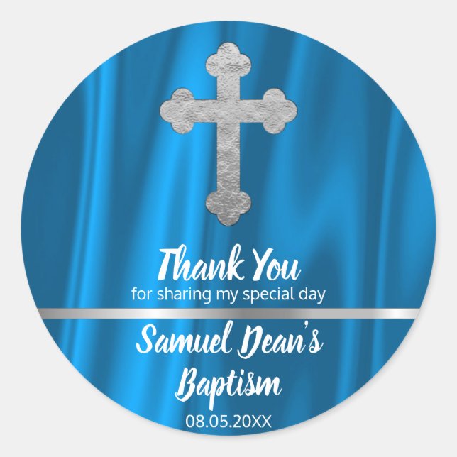 Baby Blue Cross Baptism Favor | Boy Thank You Classic Round Sticker (Front)