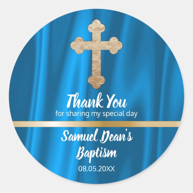 Baby Blue Cross Baptism Favor | Boy Thank You Classic Round Sticker (Front)