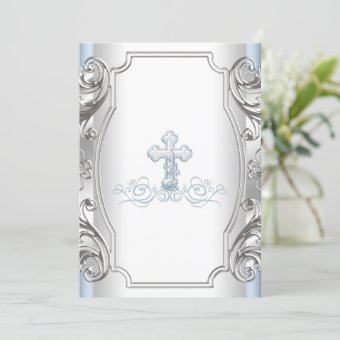 Baby Blue Cross Boy Baptism Christening Invitation | Zazzle