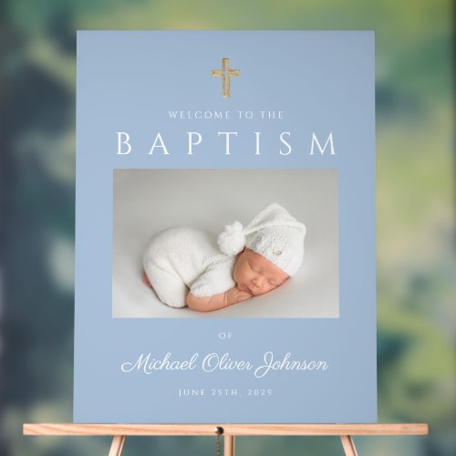 Baby Blue Cross Photo Boy Baptism Welcome Acrylic Sign